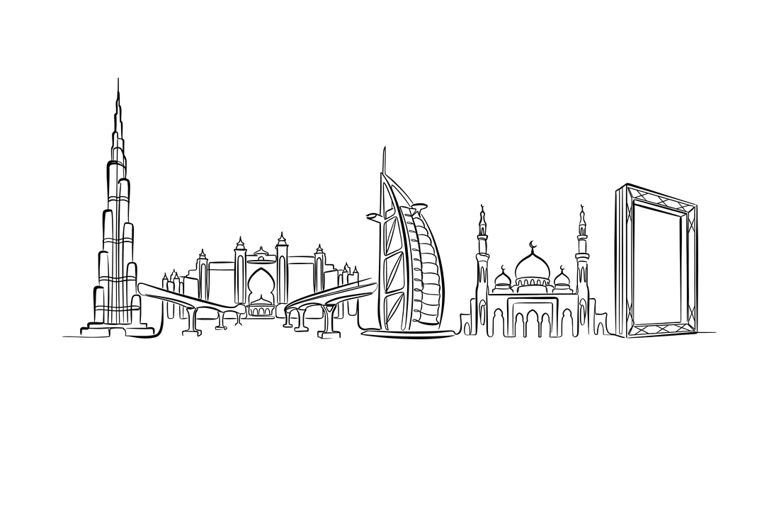 Dubai skyline line art — Burj Khalifa, Burj Al Arab, mosque.
