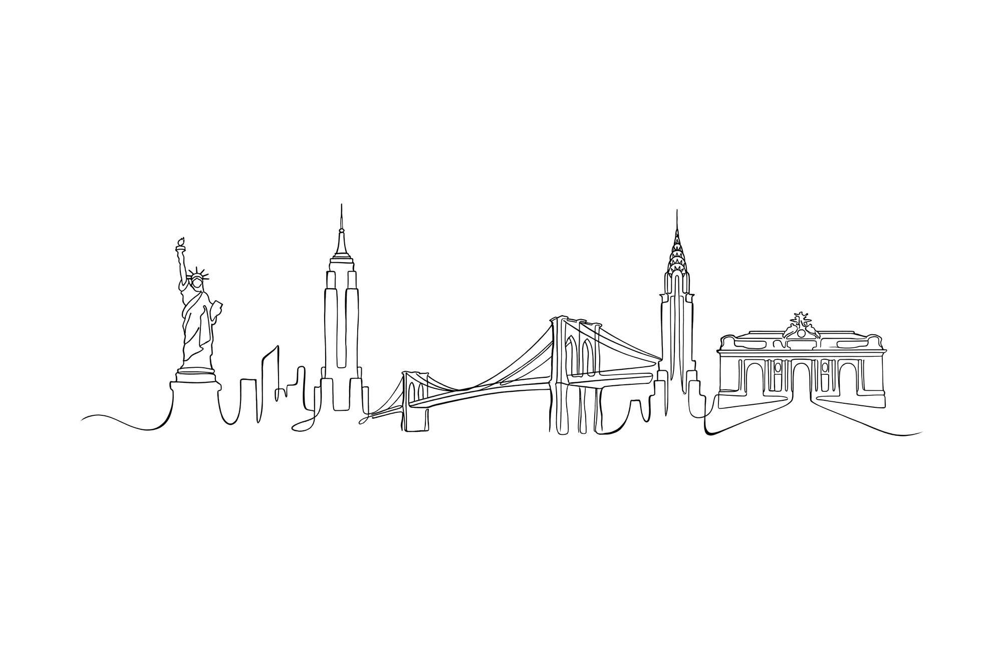 New York City skyline drawn as a single continuous line — Statue of Liberty, Empire State Building, Brooklyn Bridge, Chrysler Building and Grand Central.