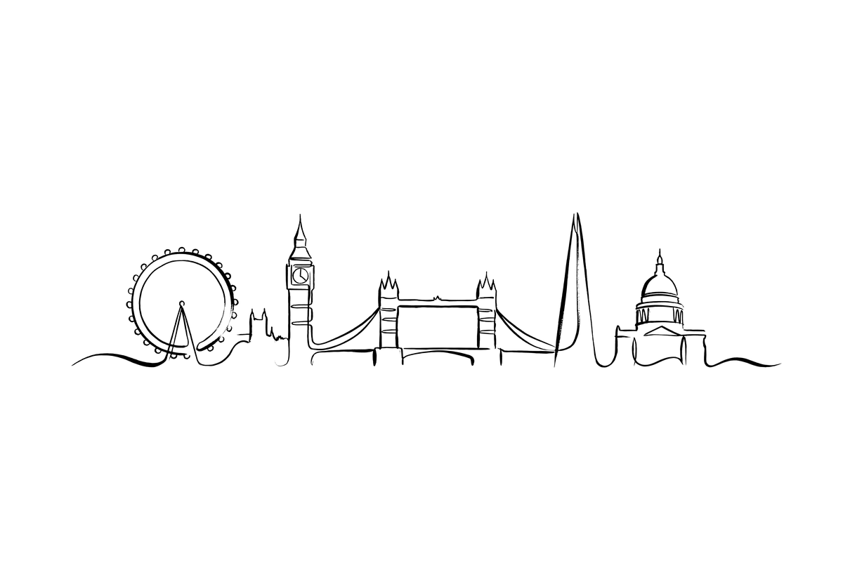 London skyline line art — London Eye, Big Ben, Tower Bridge, The Shard, St Paul's.