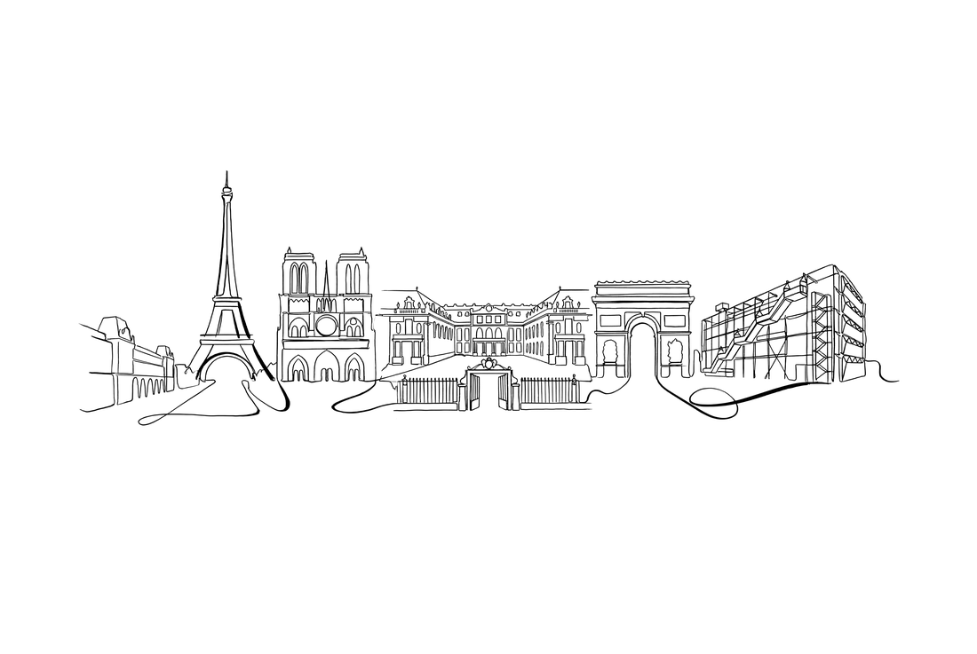 Paris skyline line art — Eiffel Tower, Notre-Dame, Louvre, Arc de Triomphe.