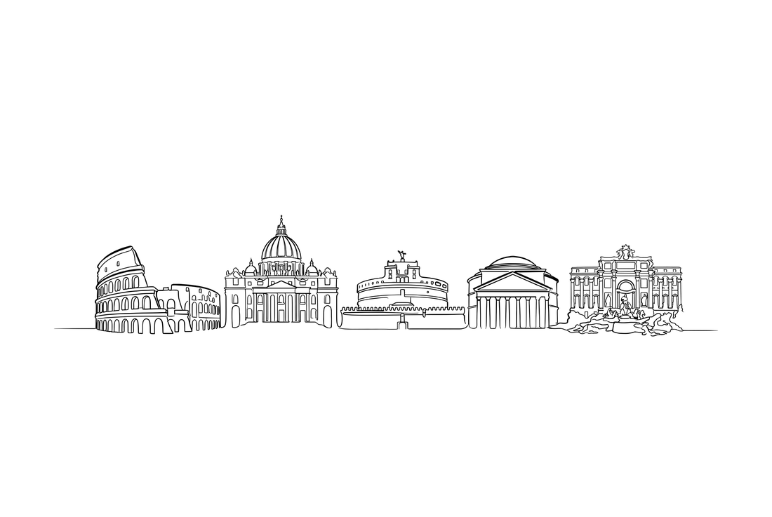 Rome skyline line art — Colosseum, St Peter's Basilica, Pantheon, Trevi Fountain.