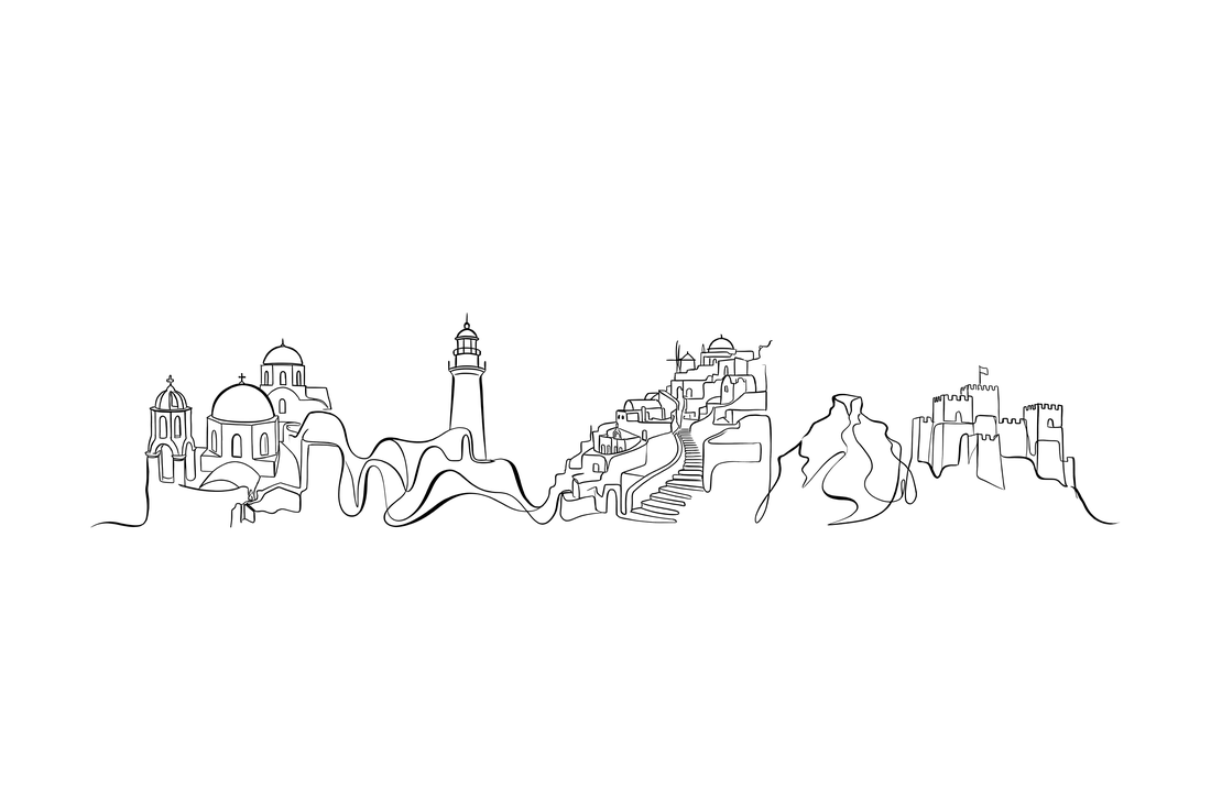 Santorini skyline line art — domed churches, lighthouse, clifftop town.
