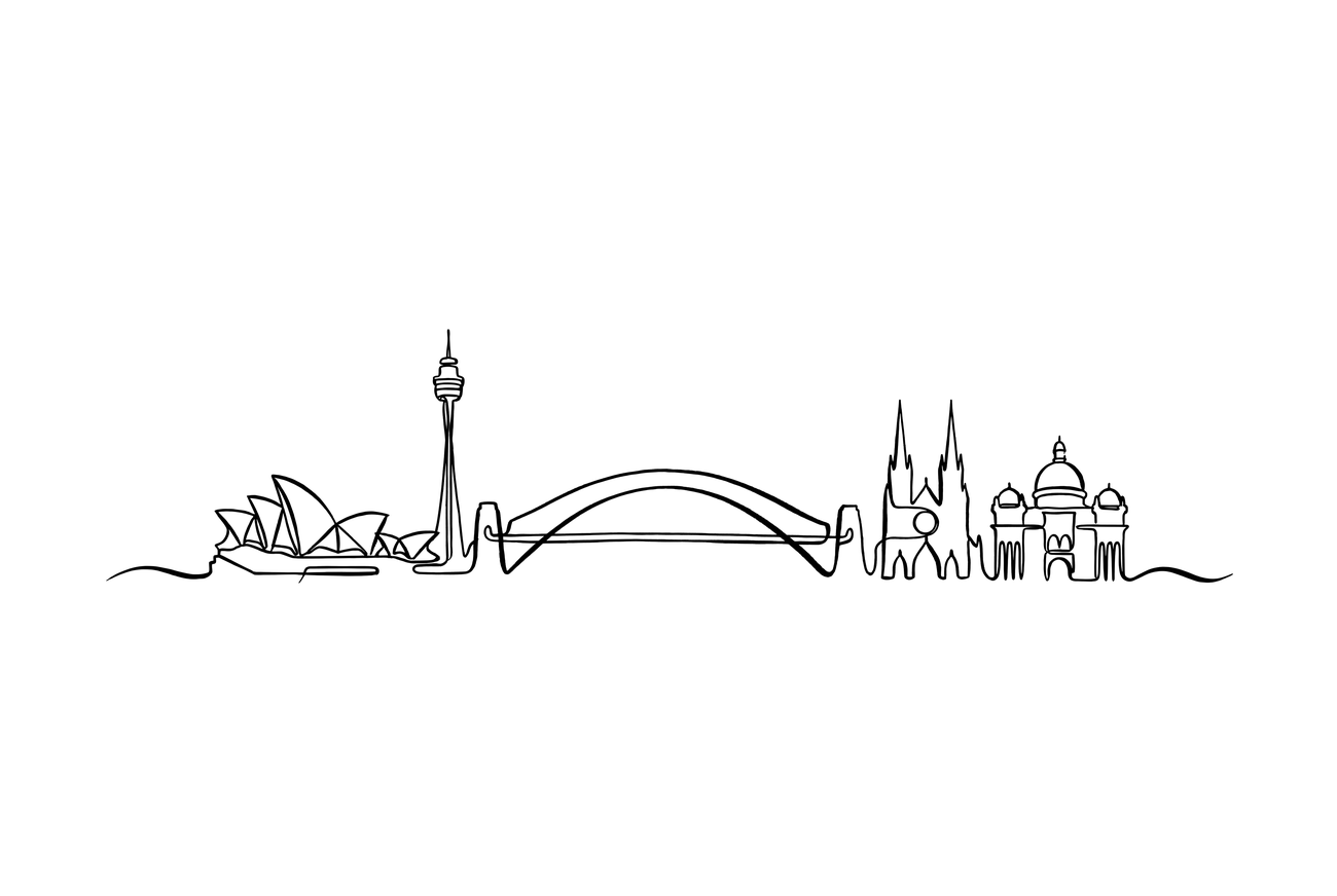 Sydney skyline drawn in one continuous line — Opera House, Harbour Bridge.