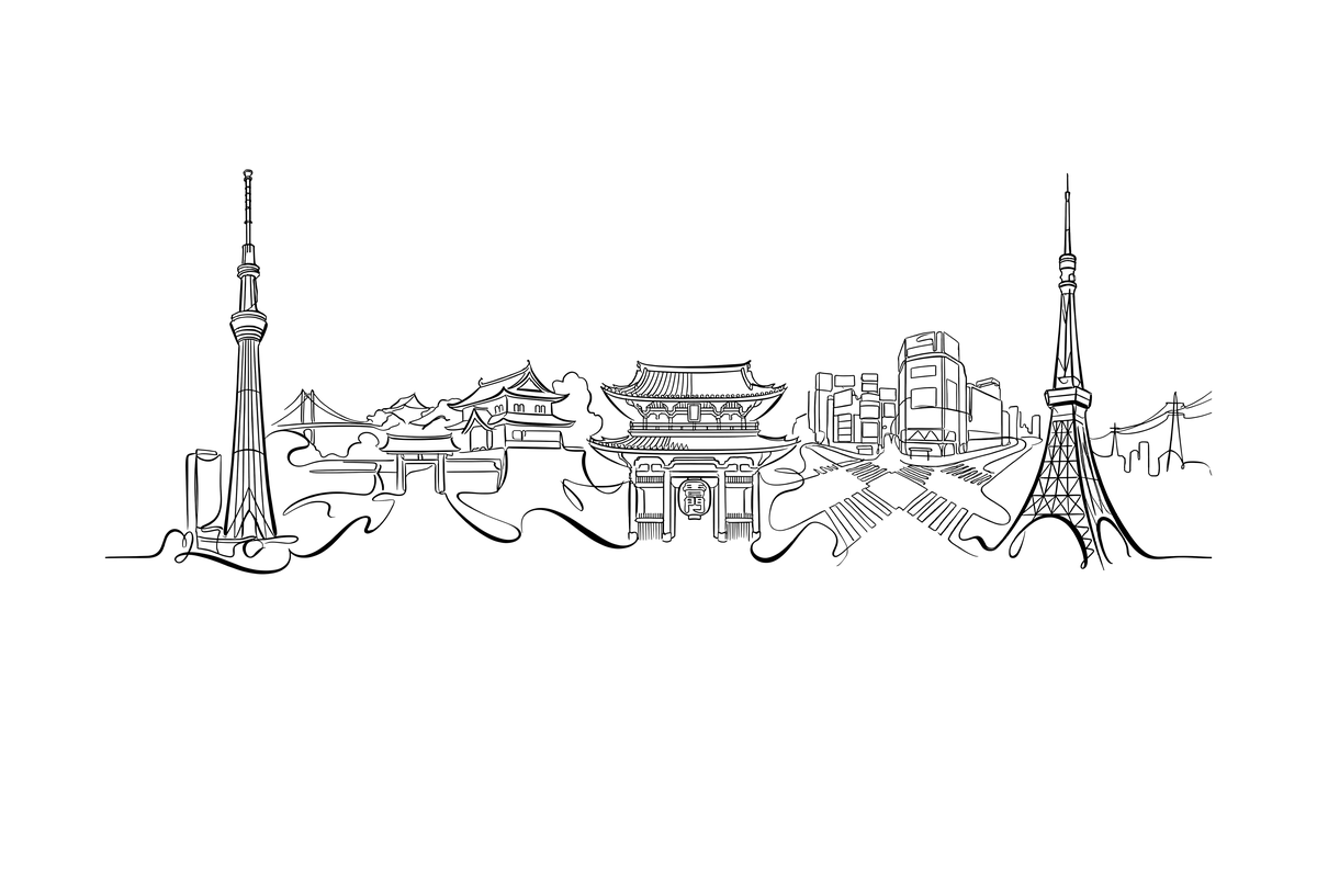 Tokyo skyline line art — Skytree, Tokyo Tower, temple gate.