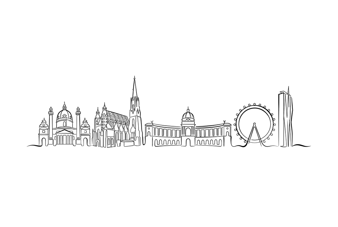 Vienna skyline line art — Karlskirche, Stephansdom, Hofburg, Riesenrad.